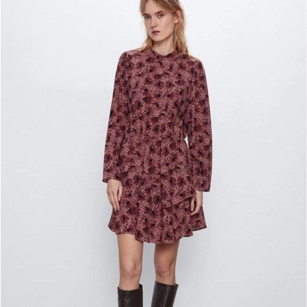ZARA Ruffled Floral Print Mini Dress Marsala Pink Polka Dot Long Sleeve Size M